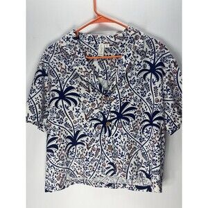 JOIE Women’s White Blue Floral Linen Button Down Shirt Cropped Top /tunic Sz M